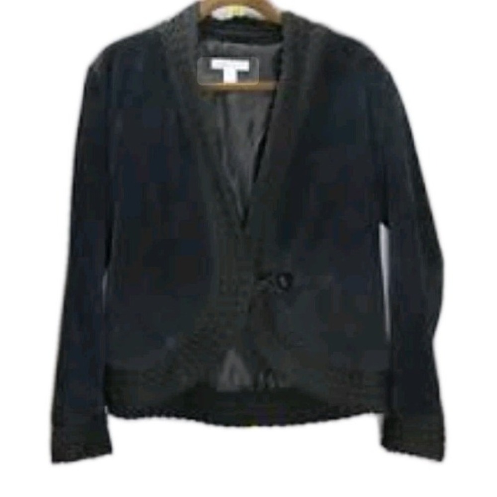Coldwater Creek Black 100% Leather Jacket Cable Knit Trim SZ L Retail $150 Ladys